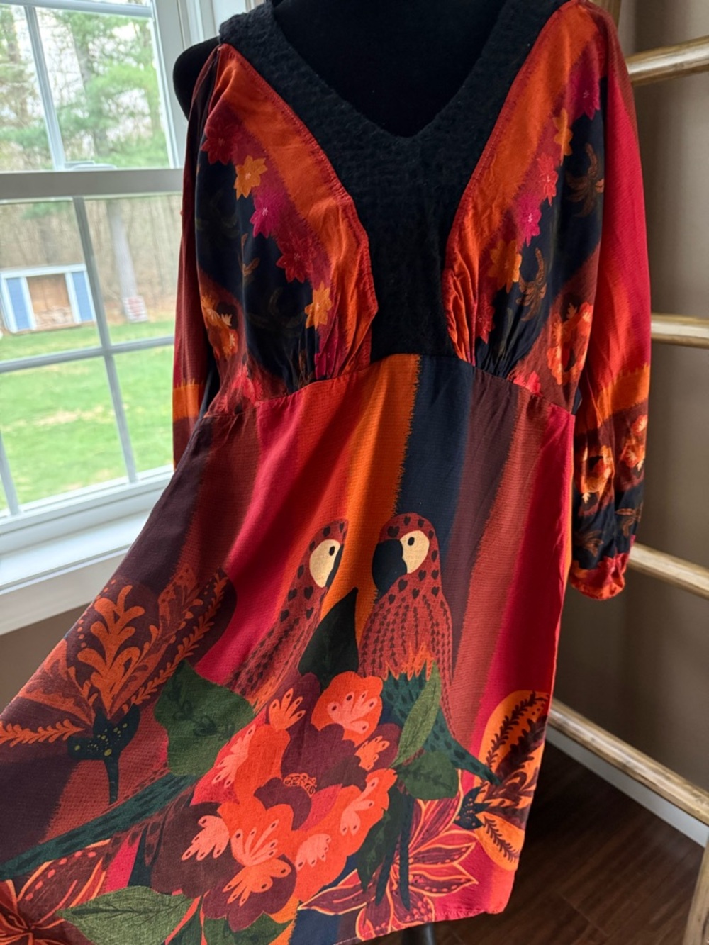 Floral Parrot Print Mini Dress in Red and Orange